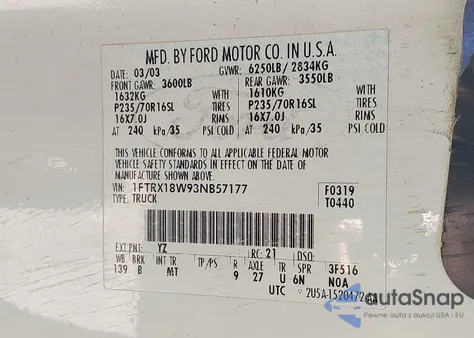 2003 Ford F-150 Lariat/Xl/Xlt из США, поврежденный, VIN 1FTRX18W93NB57177